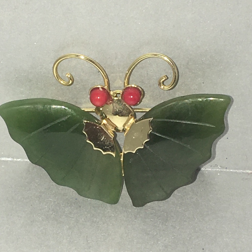 Vintage Jade Butterfly Pin/Brooch Coral Like Eyes